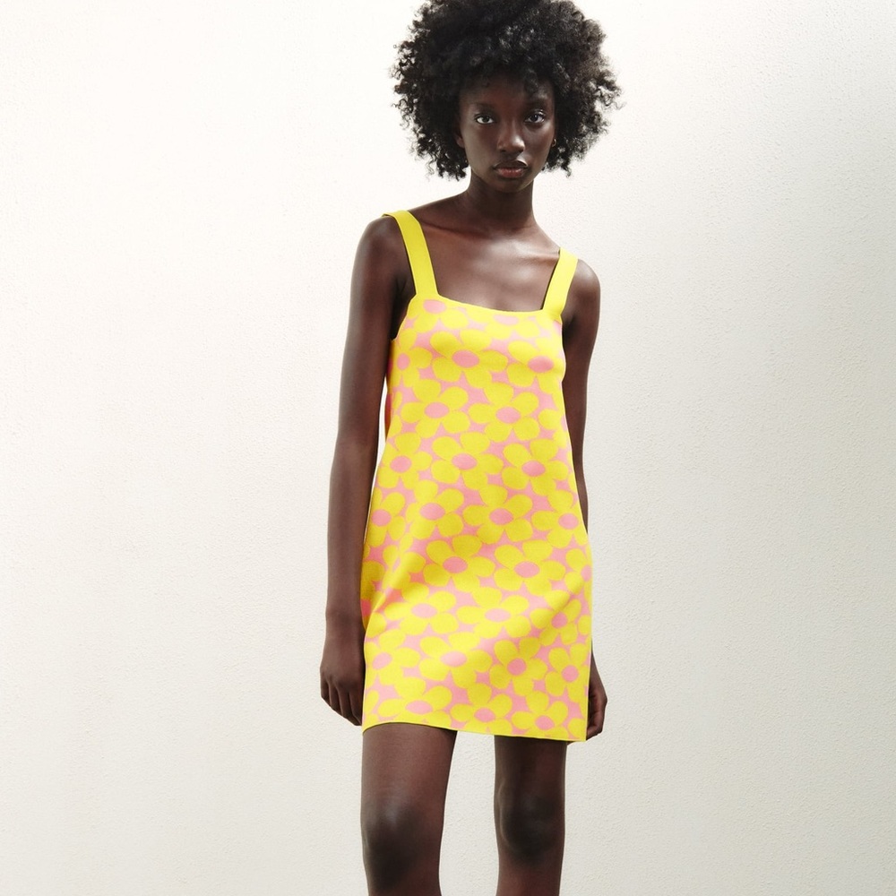 ZARA NEW WOMAN SHORT JACQUARD DRESS KNIT FLORAL STRAPPY  YELLOW